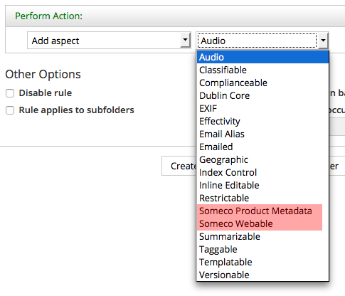 Add aspect action with custom actions