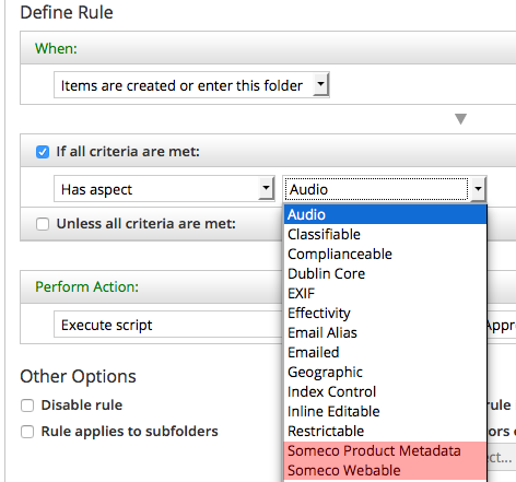 Rule configuration with custom aspects